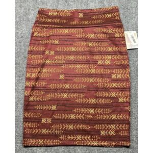 Lularoe Cassie Skirt Womens L Red Multicolor Art Aztec Pencil Stretch New